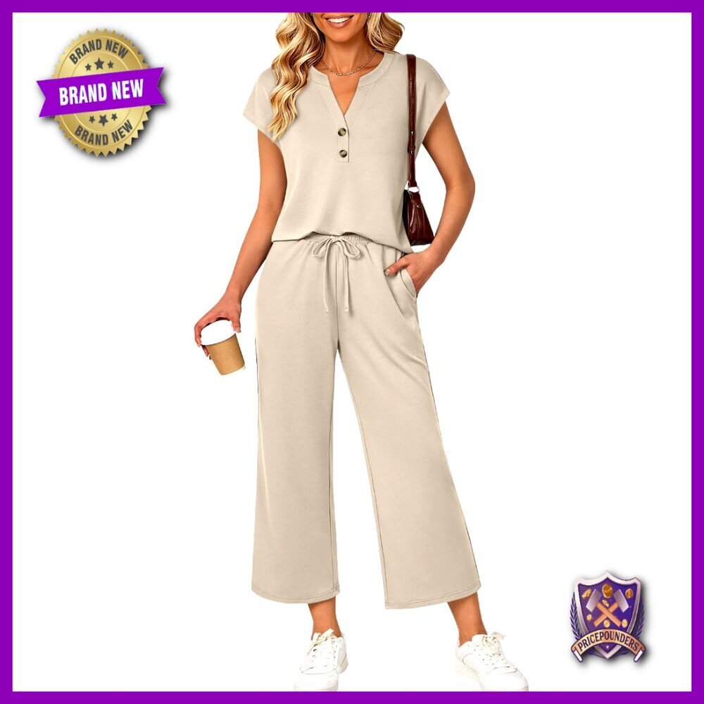 Two Piece Lounge Set V-Neck Top Cropped Pants Elegant Casual Travel Outfit